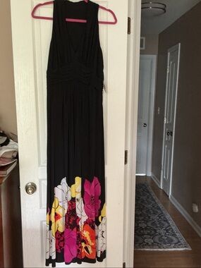 NWT Sleeveless Black Maxi Dress with Bright Floral Hem